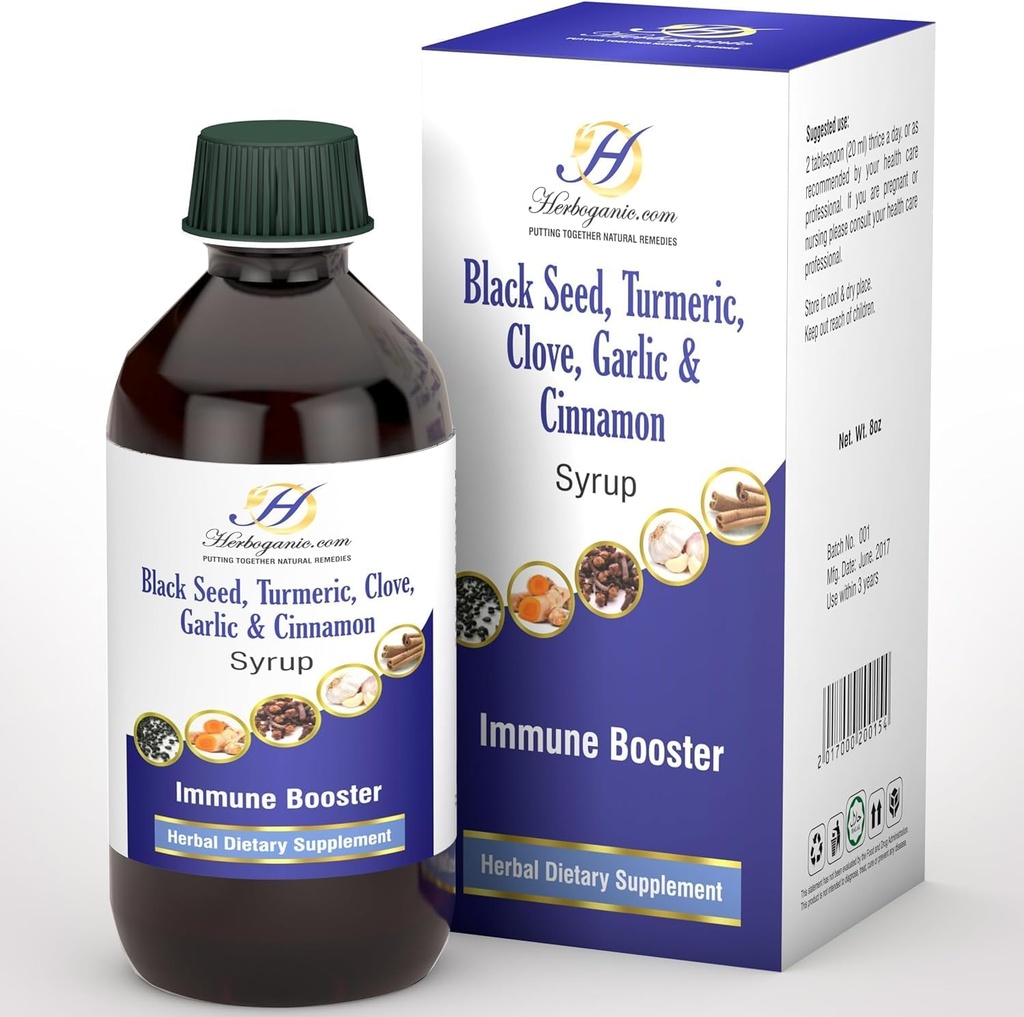Vlierbessen Free Immune Support Stroop voor kinderen en volwassenen - Perfecte Blend van Biologische Zwarte Zaad, Kurkuma, Kruidnagel, Kaneel & Knoflook - Peuter Immune Booster Zonder Biologische Vlierbessen Siroop