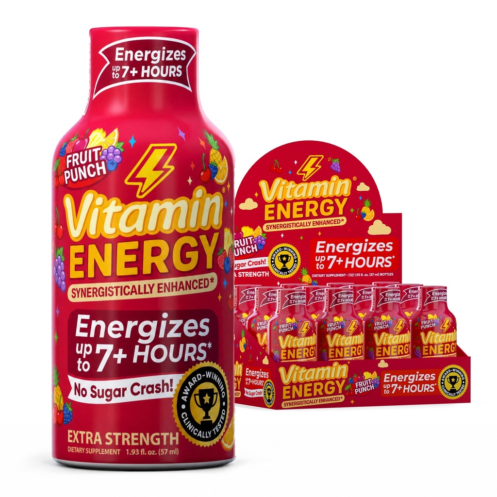 Vitamine Energie Immune+ Extra sterkte Energie Shot Fruit Punch 12 Pack, 260mg Natural Cafeine, B-Vitamins, Citicoline, Green Tea, Immunity & Focus Support, Zero Sugar, Gluten-Free 1,93 fl oz