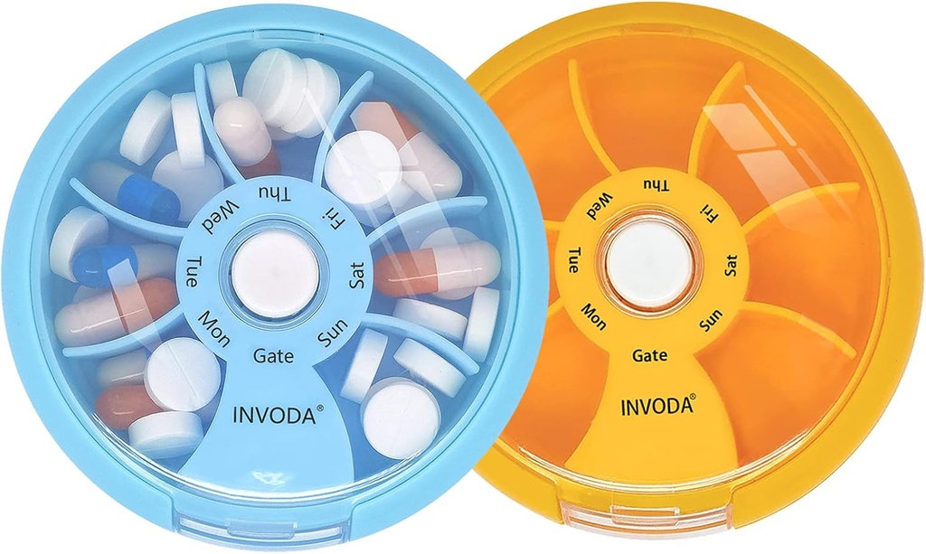 INFODA Wekelijkse pil Organisator 7 Compartiment Rotating Pill Box voor dagelijkse medicatie & vitamines - Portable Travel Pill Case Visolie Supplementen Vitaminen Organisator (Blue+Orange)