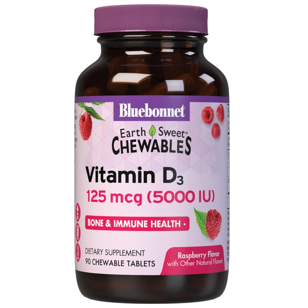 Bluebonnet Nutrition Earth Sweet Vitamin D3 5000 IE Kauwtabletten, hulpmiddelen bij spier- en skeletgroei, niet-GMO, glutenvrij en sojavrij, kosjer, framboos, wit, 90 tellingen
