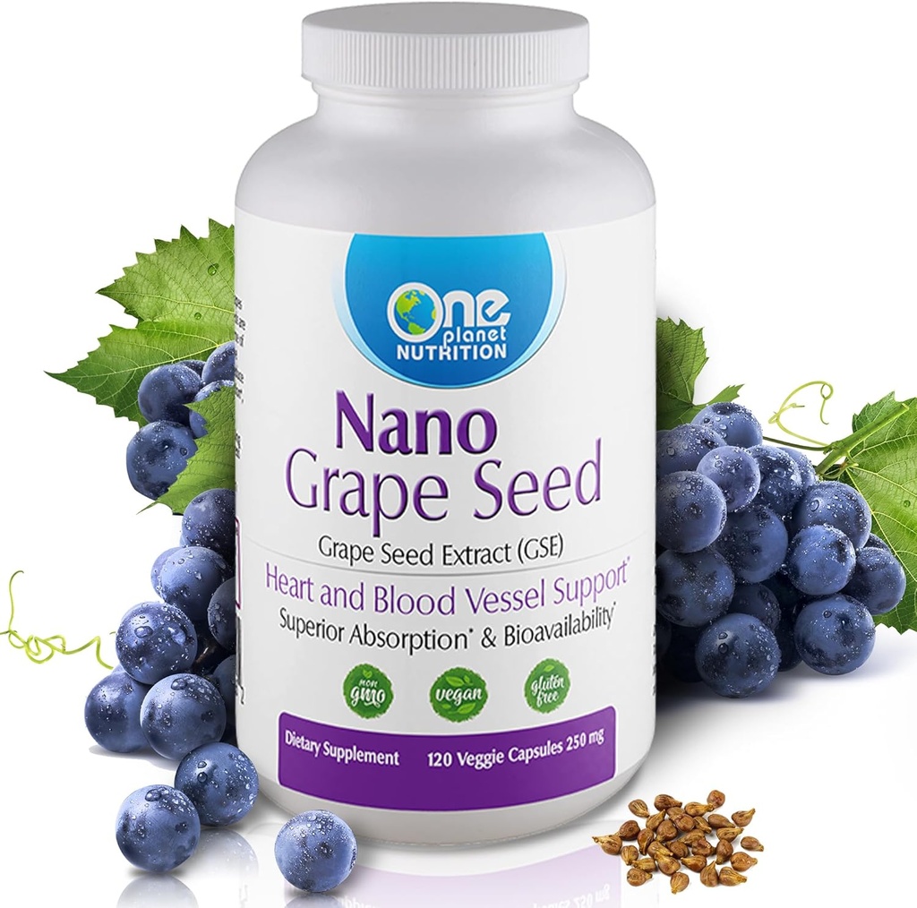 One Planet Nutrition Nano Grape Seed Extract 250 mg Veggie Capsules (120 porties), Nano for Enhanced Absorptie, Ondersteunt Antioxidant Health for Vascular Health, Non-GMO, Vegan, Glutenvrij