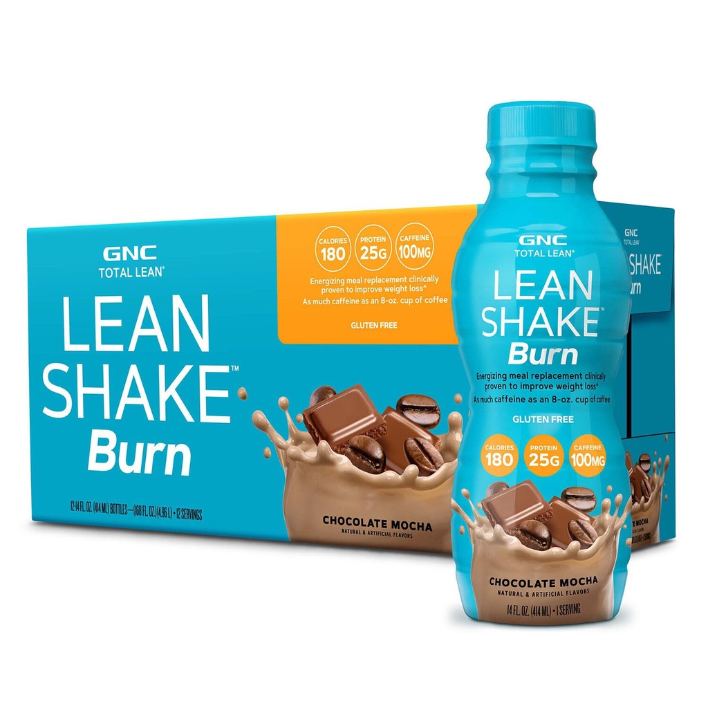 GNC Lean Shake Burn met Cafeïne, Maaltijd Vervanging, Chocolade Mokka, 25g eiwit, klinisch bewezen gewicht management, klaar om te drinken, Zero Added Sugar, 14 oz flessen, verpakking van 12