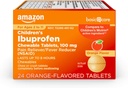 Basic Care Kinderen Ibuprofen Kauwtabletten, 100 mg, pijnstiller en koortsreducer, Oranje smaak, Voor pijn, pijn, pijnlijke keel, tandpijn en hoofdpijn verlichting, 24 Tellen