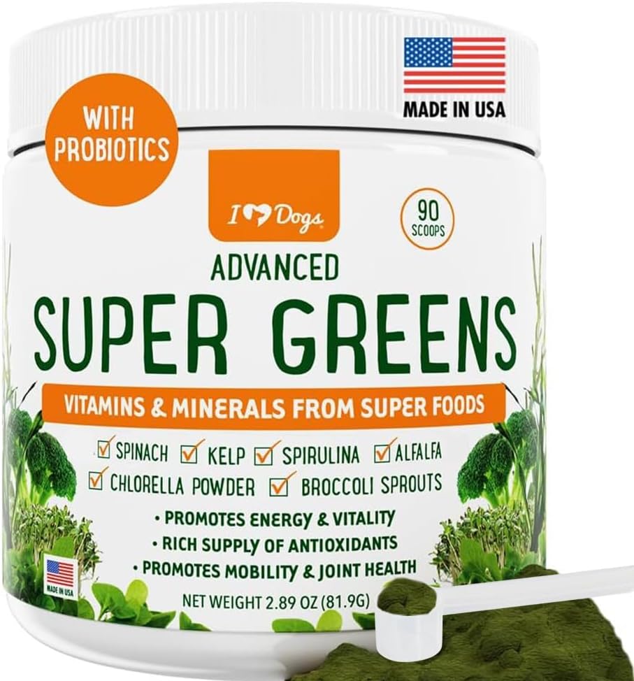 iHeartDogs Super Greens for Dogs with Broccoli Spruitjes & Spirulina Powder - Seizoensgebonden Allergie & Immune Support Hondengroen Poeder - Vitaminen, Antioxidanten & Mineralen Supplement voor honden
