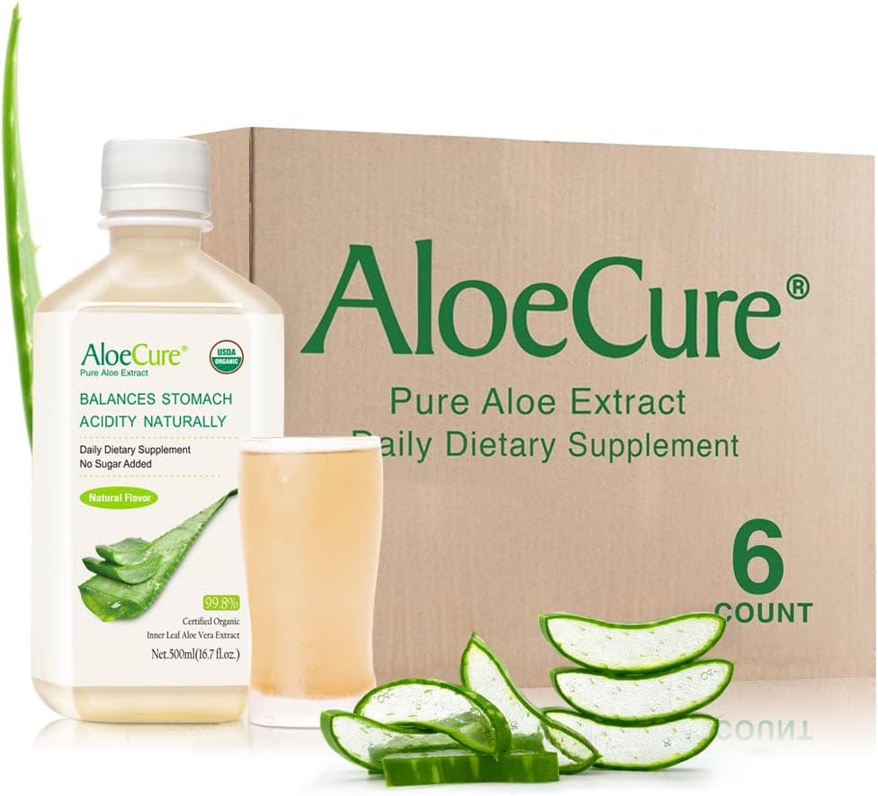 AloëCure USDA Organische Aloë Vera sap gemaakt binnen 12 uur van de oogst - Pure Aloë Juice Natural Digestief supplement ter ondersteuning van spijsvertering, immuunsysteem en evenwichtige maagzuur, 6 x 500ml flessen