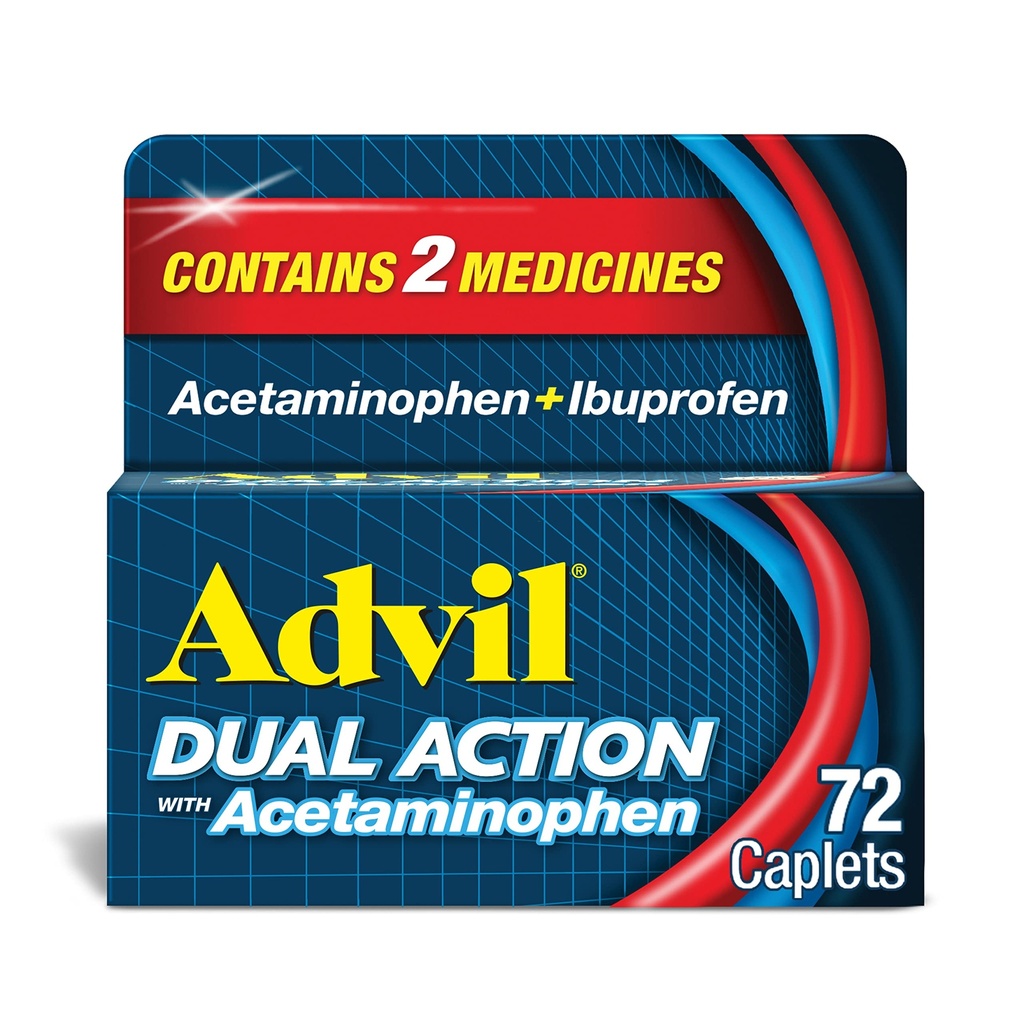 Advil Dual Action Coated Caplets with Acetaminophen, 250 Mg Ibuprofen en 500 Mg Acetaminophen Per dosis (2 dosisequivalent) voor 8 uur pijnverlichting - 72 Tel.