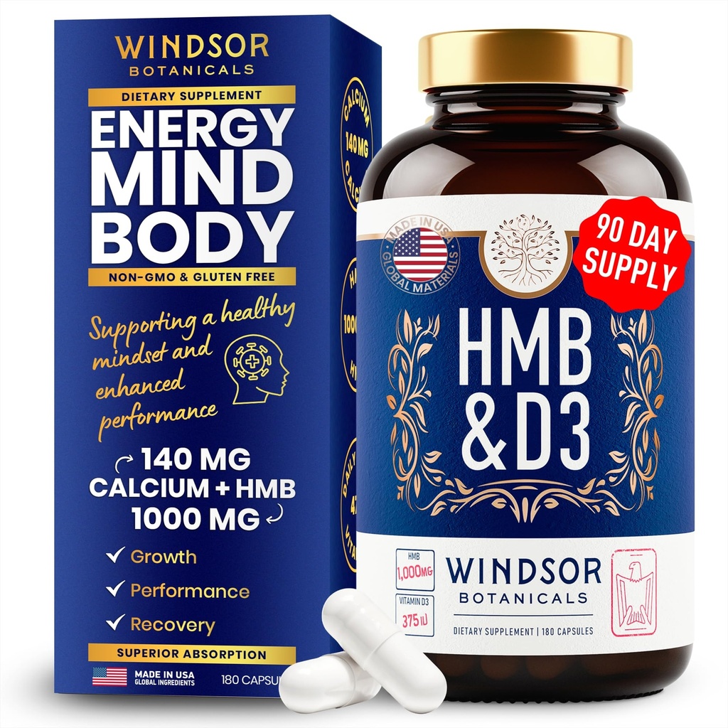 HMB en vitamine D3 Supplement - B-Hydroxy B-methylbutyraat 1000 MG HMB Supplementen voor mannen en vrouwen Plus Calcium, Vitamine D 3 - Spiergroei, sterkte, prestaties, herstel - 90 dagen, 180 Caps.