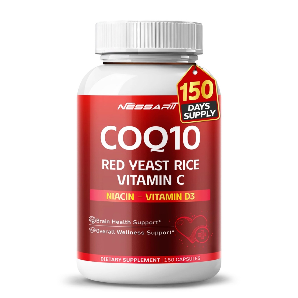 COQ10 + Red Gist Rice Supplement - 10-in-1 Natural Blend with Omega 3 Vitamin B3, K2, D3, Zink Milk Thistle Black Pepper - 150 Tel - Made & Tested in The USA