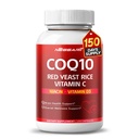 COQ10 + Red Gist Rice Supplement - 10-in-1 Natural Blend with Omega 3 Vitamin B3, K2, D3, Zink Milk Thistle Black Pepper - 150 Tel - Made & Tested in The USA