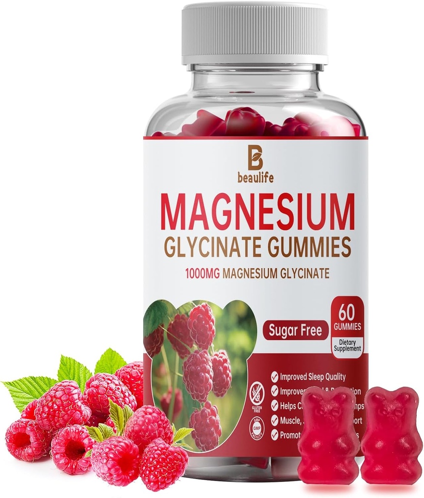 Magnesium Glycinate Gummies, Magnesium Supplement, Magnesium Glycinate, Vitamine C, D, B12, CoQ10, voor Calm Mood & Muscle, Slaap, voor volwassenen, 60 Gummies