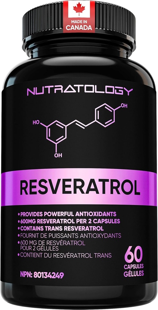 Nutratology Resveratrol Supplement- Potent Antioxidant Supplement - Anti Aging Trans Resveratrol - Verhoogt de cardiovasculaire gezondheid, celregeneratie en haargroei - 60 capsules - 30 porties