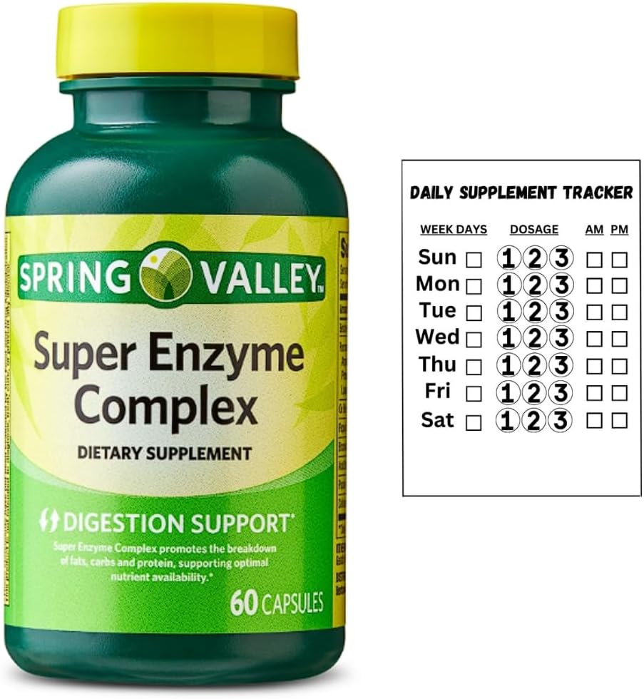 Spring Valley Super Enzyme Complex Dieetsupplement voor Digestieve Ondersteuning, 60 Capsules + Dagelijkse Supplement Tracker Sticker