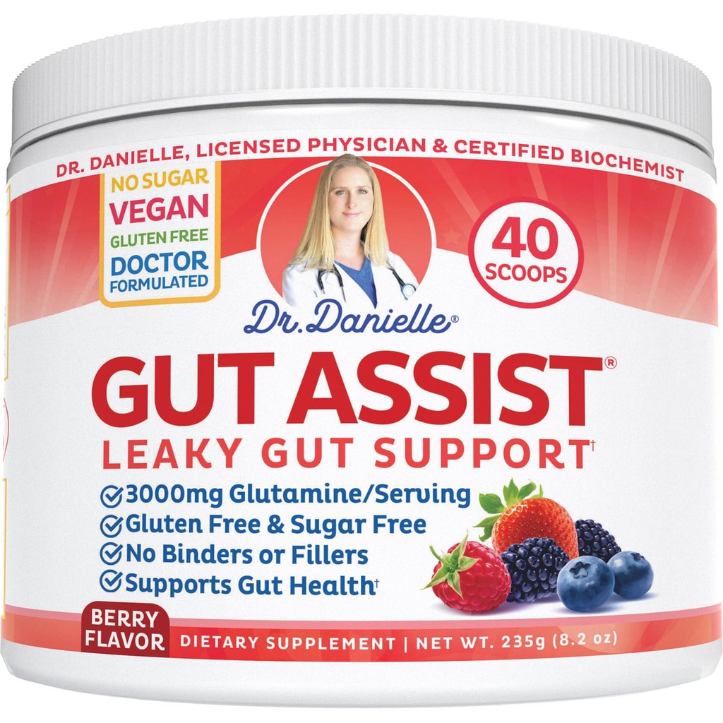 Doctor Danielle Gut Assist - Leaky Gut Repair Supplement Powder - Glutamine, Arabinogalactan, Licorice Root - Ondersteunt IBS, Heartburn, Bloating, Gas, Constipatie, SIBO van, Berry Flavor