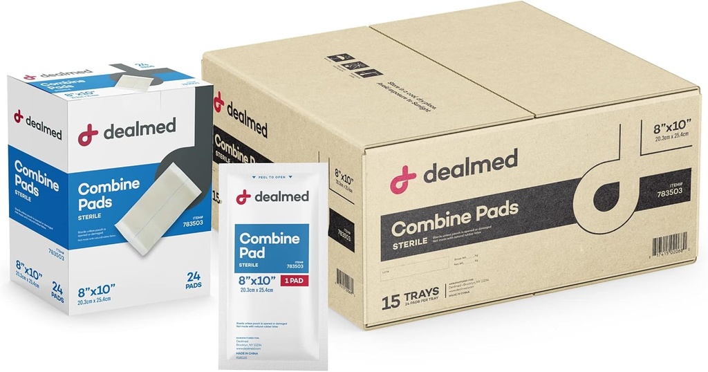 Dealmed Abdominal Combine Pads 8"x10" (360-Case) Steriel individueel verpakt, ABD Pads, Absorbent, Non Adherent for Wound Care, Drainage, EHBO, 24/Box (zaak van 15)
