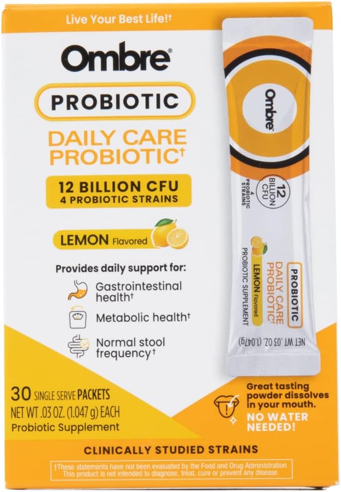 Ombre Daily Care Probiotic Powder - Prebiotics and Probiotics for Women, Men, & Kids - Quick Dissolving Powder Promotives Digestive Health & All Wellness - 12 Miljard CFU - Citroensmaak, 30 Packets
