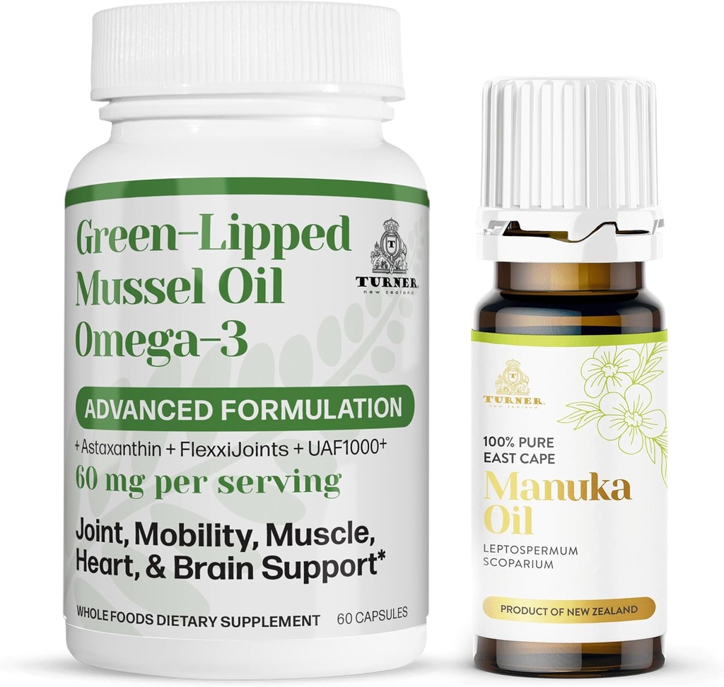 TURNER Nieuw-Zeeland Omega-3 Groene Lipped Mosselolie, 53x Hogere Potentie voor Superior Gezamenlijke Comfort & Mobiliteit, Geen Fishy Aftersmaak, 1 Fles, 60 Softgels Plus 1 Fles Manuka Oil