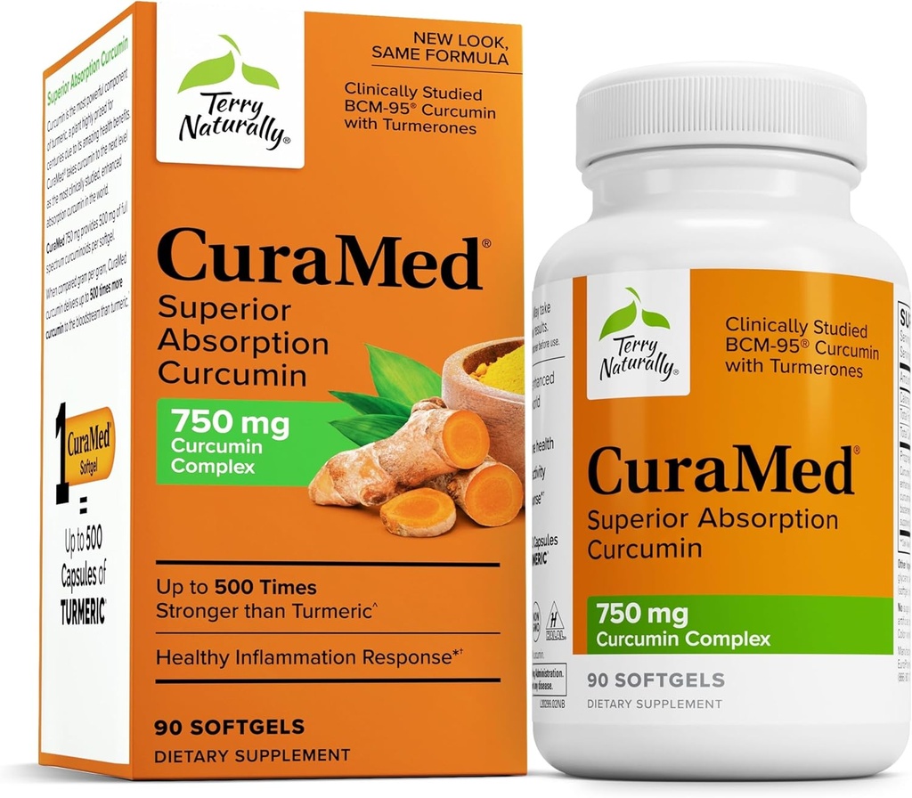 Terry Naturally CuraMed 750mg - Antioxidant supplement voor hersen- en hartgezondheidsondersteuning - Dieetsupplement met high-Potency Curcumin Complex - Nier-, lever- en immuungezondheidsondersteuning - 90 Softgels