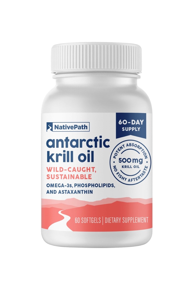 NativePath Antarctische Krill Oil - Wild-Caught Omega 3 Krill Oil 500mg Softgels met EPA, DHA en Astaxanthine - Supplement voor Joint, Heart, Brain and Immunity - 60 ct - No Fishy Aftersmaak