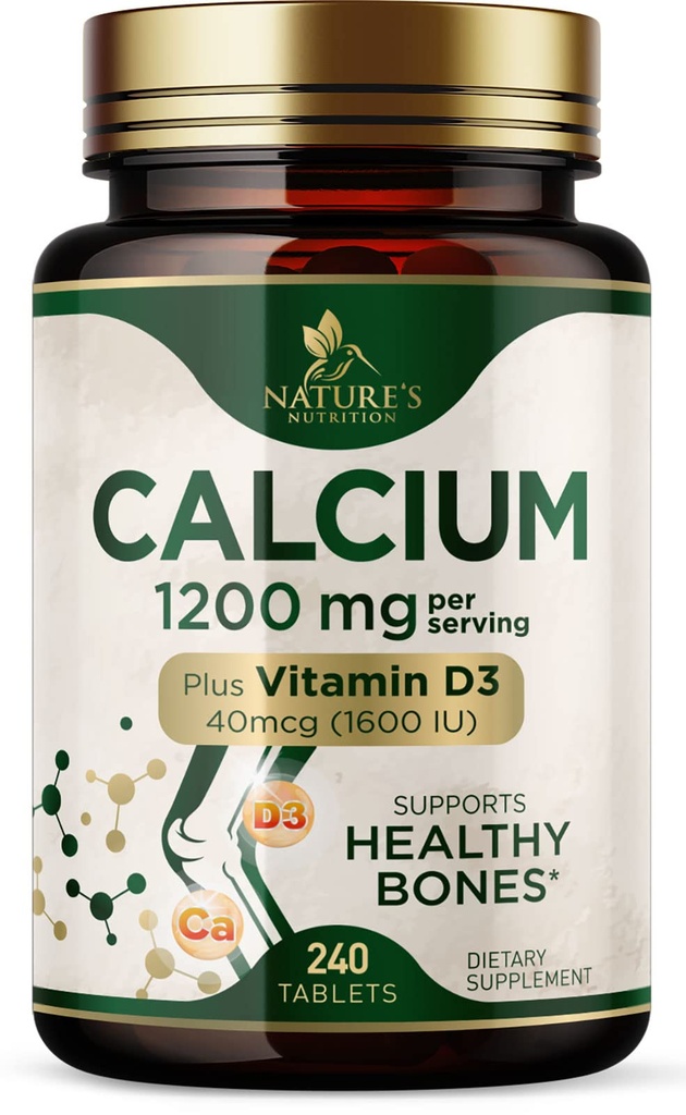 Calcium 1200 mg with Vitamin D3 - Per Serving - Bone Health Supplement - Vitamin D & Calcium Supplements for Women & Men - Bone Strength Support - Natural Calcium Pills - Bottled in USA - 240 Tablets