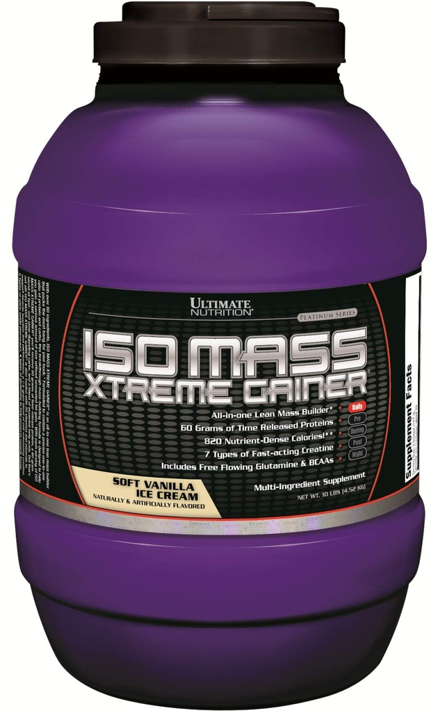 Ultimate Nutrition ISO Mass Xtreme Gainer, Weight Gainer Proteïne Poeder met Creatine, 60 Gram Proteïne, Wei Isolaat Proteïne Poeder voor Lean Muscle Gain, 10 LBS met 30 Servers, Vanille Ice Cream