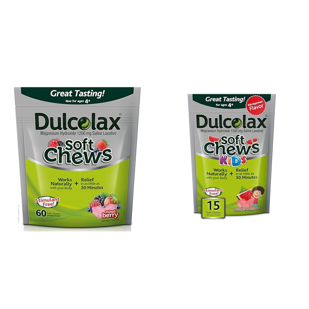 Dulcolax Soft Chews Saline Laxative Mixed Berry (60ct) Gentle Constipation Relief & Kids Soft Chews Saline Laxative Watermelon Gentle Constipation Relief, Magnesium
