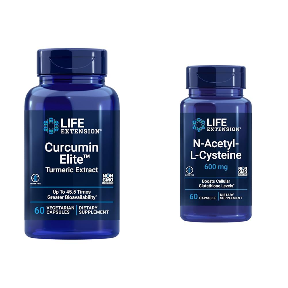 Levensverlenging Curcumine Elite Turmeric Extract & N-Acetyl-L-Cysteine (NAC), Immune, Respiratoire, Lever Gezondheid, NAC 600 mg, Krachtige antioxidant Ondersteuning, Free-radicals, Makkelijk te absorberen, 60 Capsules