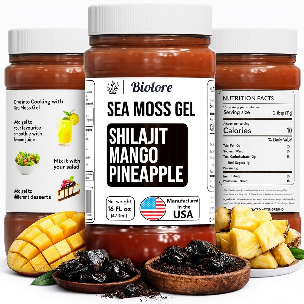 Biolore Wildcrafted Sea Moss Gel met Shilajit - Mango Ananas 16 oz - Flavored Sea Moss Gel met essentiële vitaminen & Trace Minerals - Vegan Superfood - Made in USA, Glutenvrije, Geen toegevoegde suiker