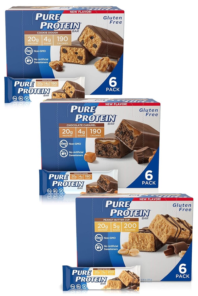 Pure Protein Bars, High Protein, Nutritious Snacks to Support Energy, Low Sugar, Gluten Free, Guilt Free Variety Pack(Cookie Dough/Choc Caramel/Peanut Butter Cup), 1.76 oz, Pack of 18