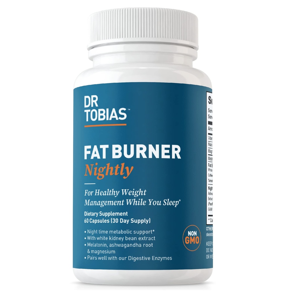 Dr. Tobias Fat Burner Nightly - Night Time Metabole ondersteuning met witte nierbean Extract, Ashwagandha Root, Green Coffee Bean Extract & Melatonine Niet-GMO (60 capsules 30 dagen levering)
