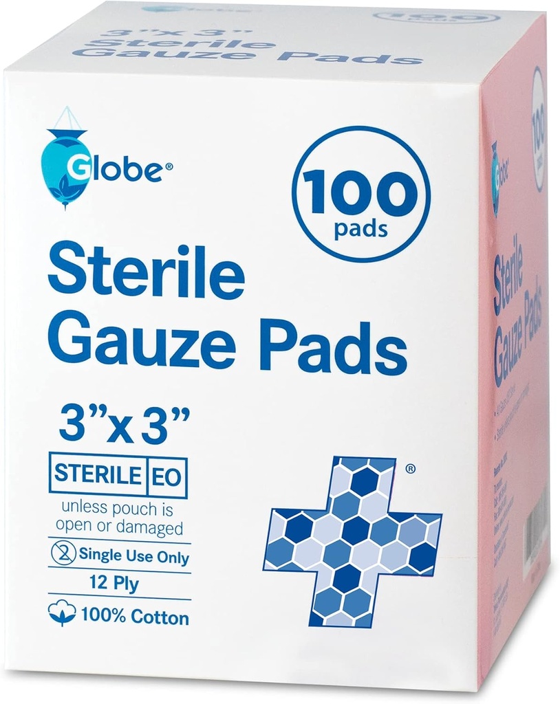 Globe 3' x 3' Advanced Sterile Gauze Pads, 100-pack individueel verpakt - 12-laags katoen voor Wound Care Dressing, zeer absorberende banden voor thuis & noodgebruik - Reizen & EHBO Kit Essentieel