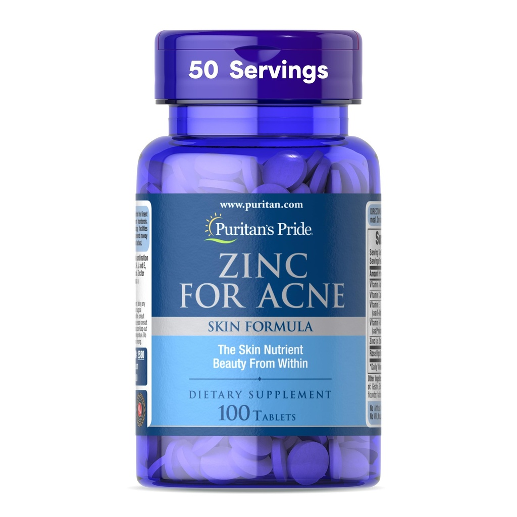 Puritan's Pride Zinc for Acne Skin Formula with Vitamins C, B-6, A, and E for Men and Women, Dietary Supplement for Clear Healthy Skin, Immune System, Cell Division and Growth Support, 100 Tablets