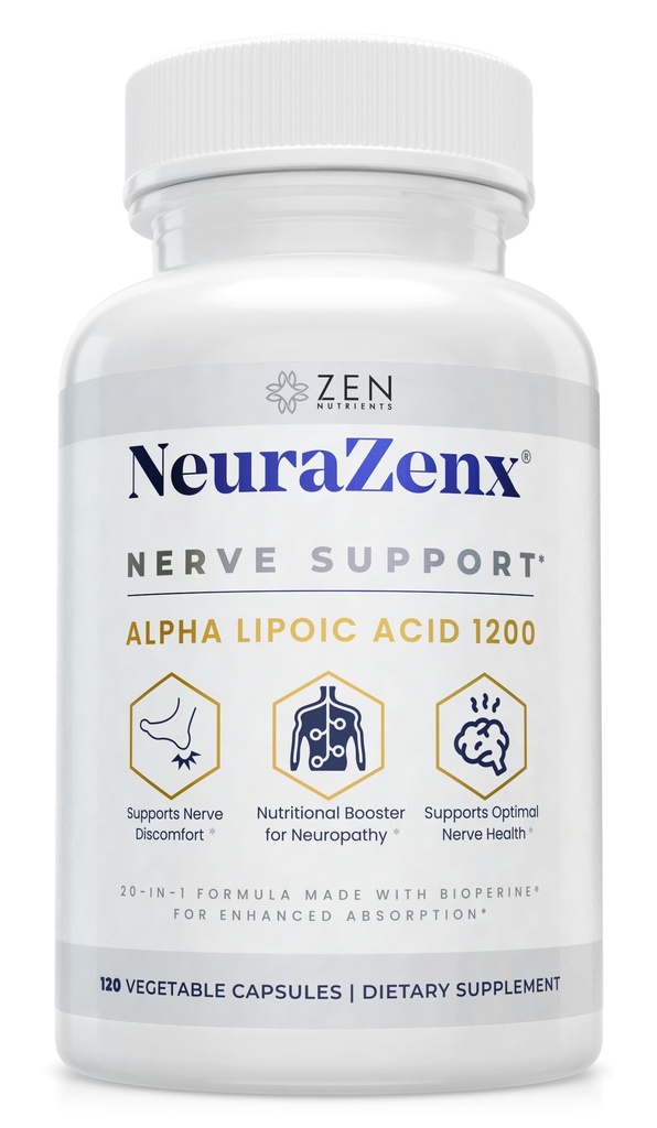Zen Nutriënten NeuraZenX Zenuwondersteuning & Perifere Neuropathie Ondersteuningssupplement met 1200 mg Alpha Lipoïnezuur (ALA), Benfotiamine, L-Carnitine en Kurkuma