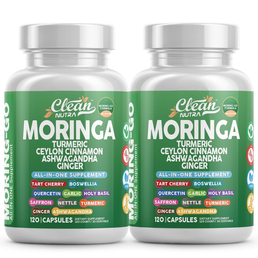 Moringa Powder Capsules + Kurkuma Moringa Leaf Ceylon Cinnamon Ashwagandha Ginger Tart Cherry Boswellia Quercetine Knoflook Holy Basil Saffron Nettle Black Pepper Moring-Go Supplement door Clean Nutra (2)