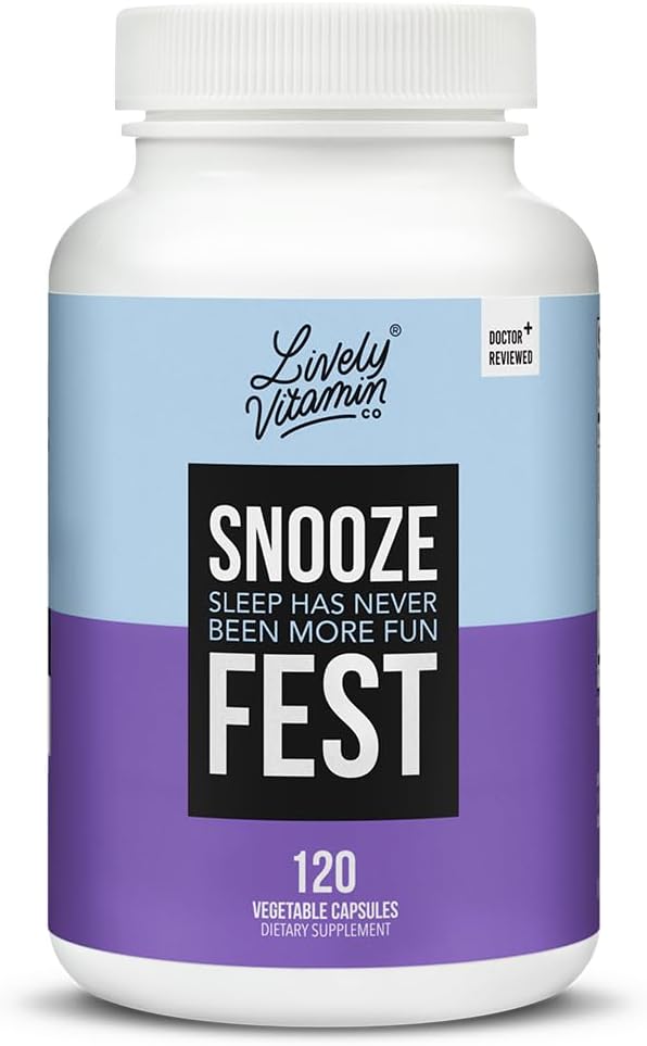 LIVELY VITAMINE CO Snooze Fest - Volledige REM-cycli - Gebalanceerde slaap - Ontspannen lichaam & Mind - Rust & Recovery - GABA - Kamille - Melatonine - Tryptofaan - Valeriaanwortel - Citroenbalsem - Poppy - 120 Tel.