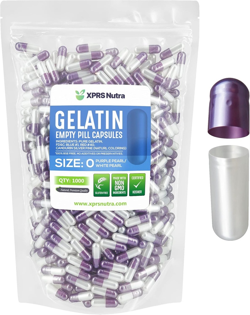 XPRS Nutra Size 0 Empty Capsules - 1000 Count Empty Gelatin Capsules - Pills DIY Capsule Filling - Pure Bovine Pill Gel Caps for Do-It-Yourself Supplements (Pearl Purple/White)