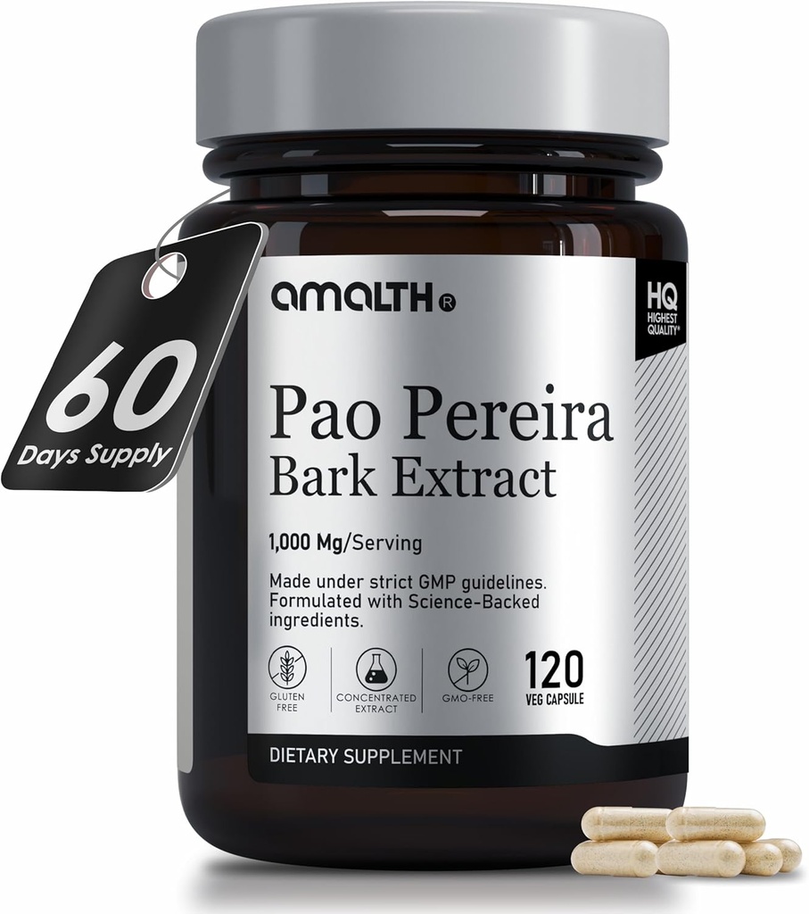 AMALTH Pao Pereira Bark Exact Capsules 1000mg- 120 Counts | Strong Extract Formula for Immune Health, Body Balance, Strength & Overall Wellness GMO- Free
