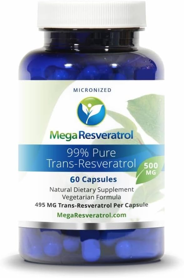 Mega Resveratrol, Pharmaceutical Grade,99% Pure, Isolate, Micronized Trans-Resveratrol, 60 Veggie Caps, 500mg per Capsule. Purity Certified. Absolutely NO Toxic “inactive” Ingredients Added.