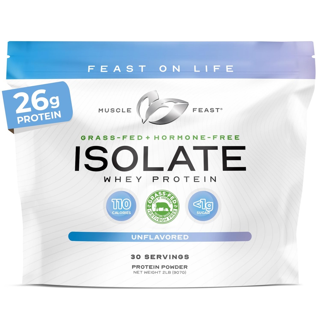 Muscle Feast Grass-Fed Wei Proteïne Isolaat, Alle Natuurlijke Hormone Gratis Pasture Verhoogd, Wei Isolaat Proteïne Poeder voor Mannen en Vrouwen, Schoon, Niet-GMO & Glutenvrije Isolaat Proteïne - Unflavored, 2lb