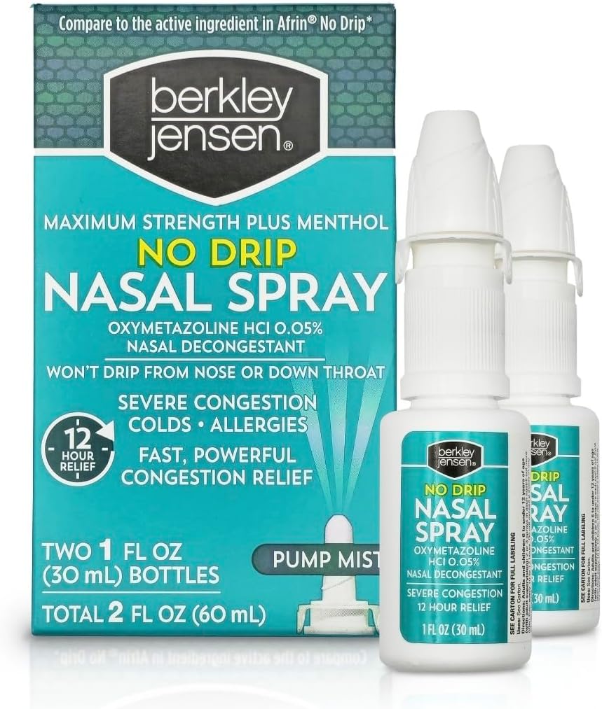 berkley jensen Geen druppel ernstige congestie Neusspray - maximale sterkte decongestant met Oxymetazoline HCl & Menthol - Pump Mist Applicator, Geen Steroid, 12 uur Relief, 1 Fluid Ounce (pakket van 2)