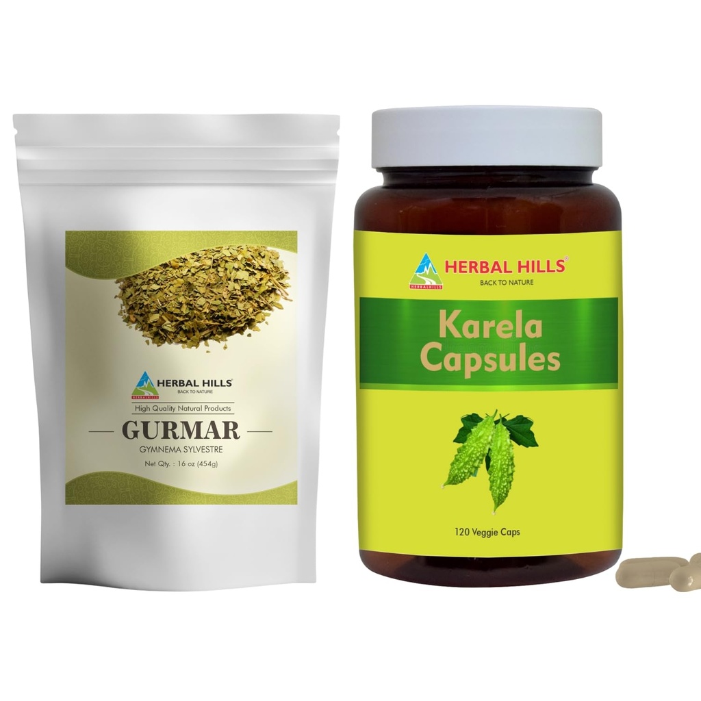 HERBAL HILLS Gurmar Tea Powder and Karela Capsules Pack of 2 Combo