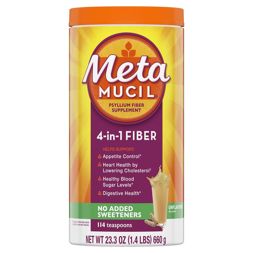 Metamucil Fiber, 4-in-1 Psyllium Fiber Supplement, Sugar Free Powder, Unflavored Drink, 114 Serves (Verpakking mei Vary)