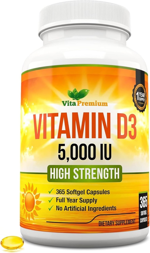 Vitamine D3 5000 IE, 365 Easy-Slikken Softgels, Vitamine D 5000 IE supplement met hoge sterkte - Vol jaar