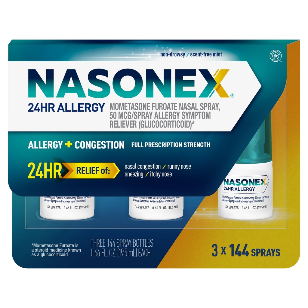 Nasonex 24HR Allergie Neusspray, Niet-Drowsy, Geurvrije mist, Allergie Symptomen + Neus Congestie, Volledige Voorschrift Sterkte, 120 Sprays (3 Pack)