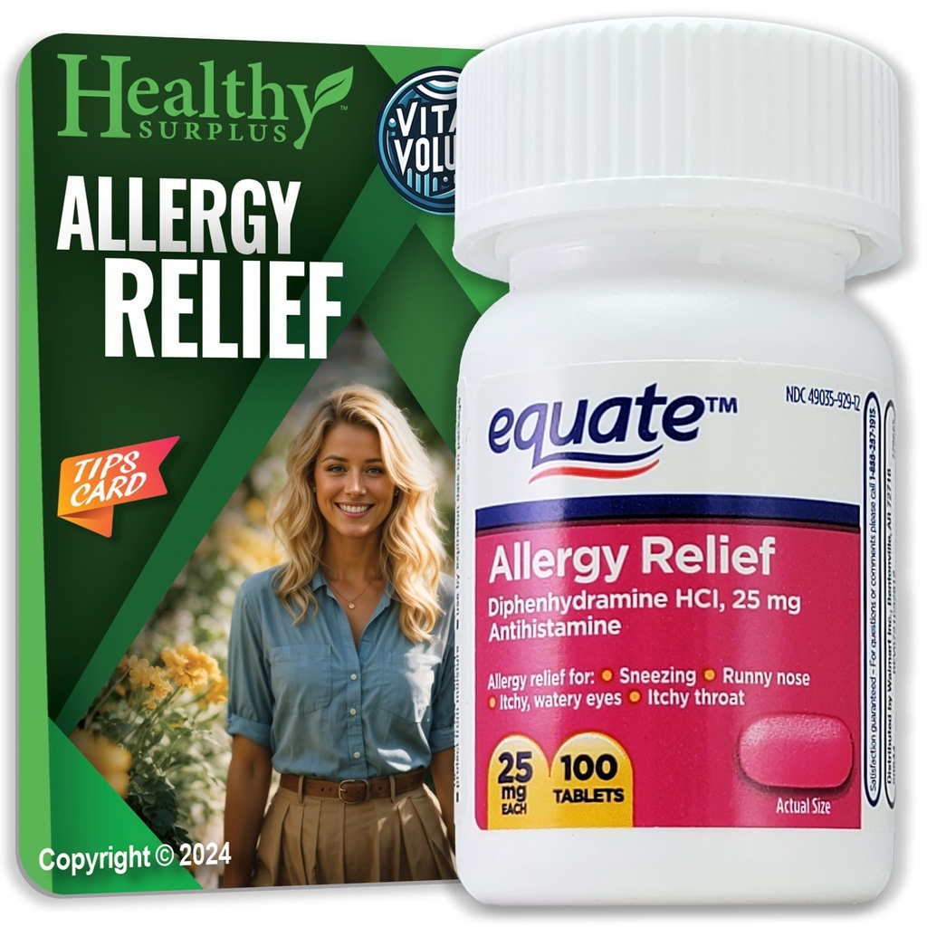 Gezond Overschot® Vitale volumes Tips Kaart & Equate Allergie Relief Difenhydramine HCL, 25 mg 100 tabletten Bundel