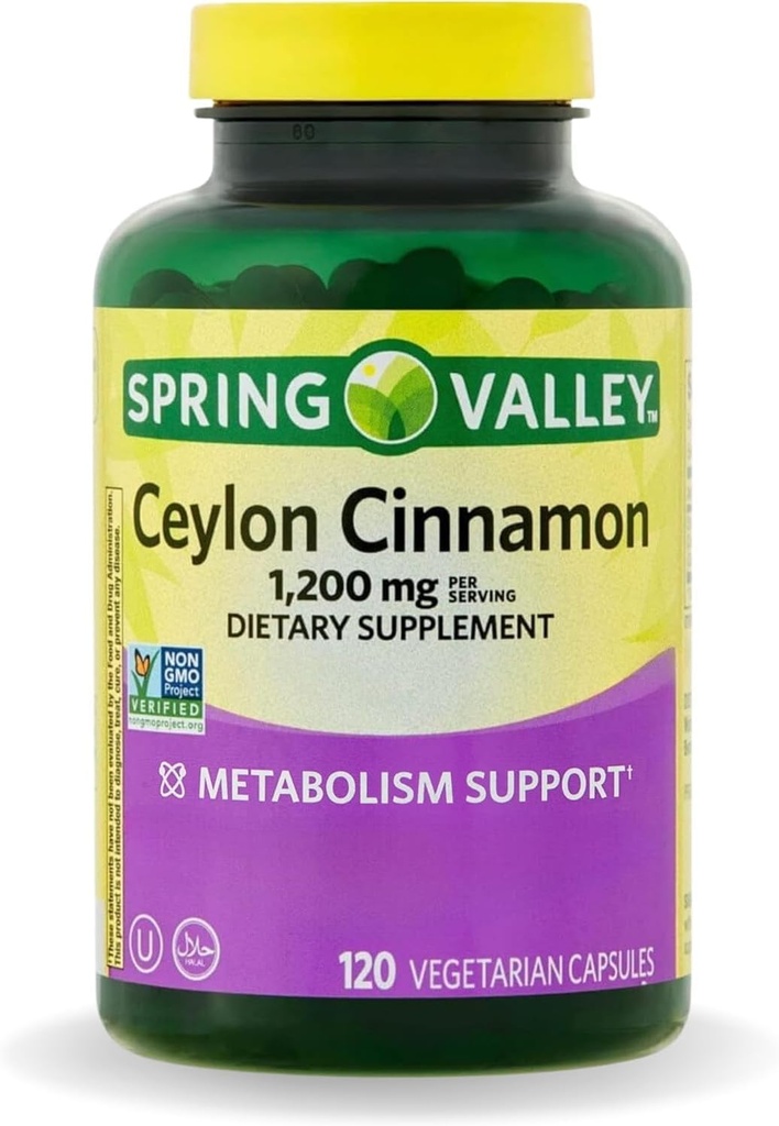 Spring Valley Ceylon Cinnamon Capsules 1200 mg Capsules, Support Metabolisme * 120 Tellen Niet-GMO & Glutenvrije pillen (verpakking van 1)