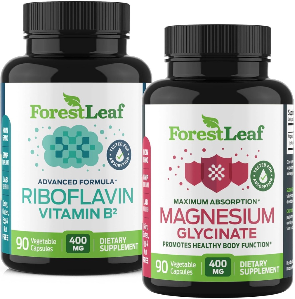 ForestLeaf Riboflavine & Magnesium Migraine Supplement - Riboflavine 400 mg voor hoofdpijn verlichting - Ultimate Magnesium Glycinate bundel met B2 Vitamine 400 mg voor hoofdpijn Migraine Relief Capsules