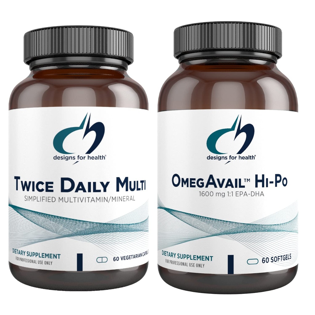 Designs for Health Fish Oil + Multivitamine Bundle - OmegAvail Hi-Po (60 Softgels) EPA DHA TG Omega-3 met Tweemaal Dagelijks Multi (60 Capsules) Premium Multivitamine/Mineral met Actieve B Vitaminen