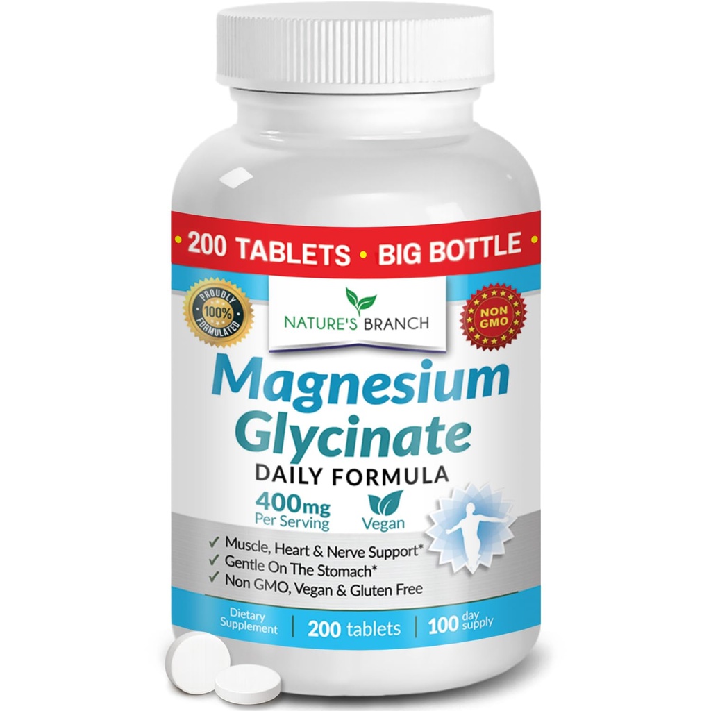 Magnesium Glycinate 400 mg - 200 tabletten - Hoge Absorptie, Non Buffered Bisglycinate Mag Supplement voor slaap, benen krampen, hart, gemakspieren, kalme hoofdpijn voor vrouwen en mannen, niet-poedercapsules