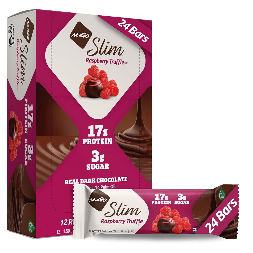 NuGo Slim Dark Chocolate Raspberry Truffel, 17g Proteïne, 2g Suiker, 7g Vezel, Low Net Carb, Keto vriendelijk, Glutenvrij, 24 Tellen