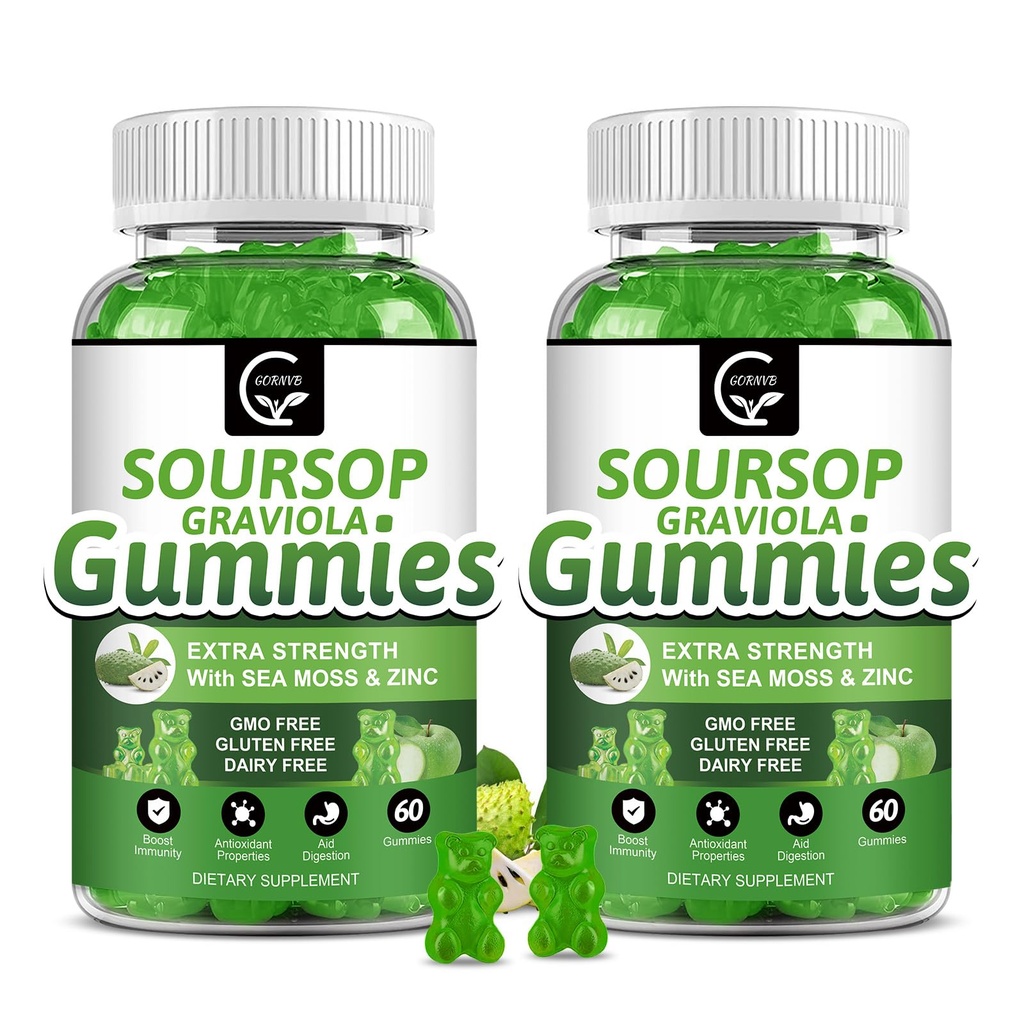 (2 Pack) Soursop Graviola Gummies - 2200mg Extra sterkte Soursop Leaves Extract w/Sea Moss Extract 200mg, Zink & Vitamine C - Ondersteunt Immuniteit, Lever & Digestief, Glutenvrij, Veganistisch, 120 Gummies